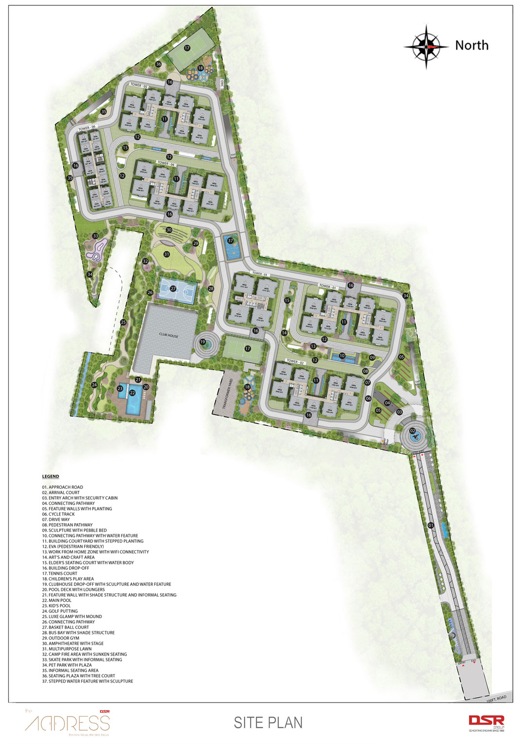 DSR The Address master plan layout showcasing towers, open spaces and amenity zones in Sarjapur Road Bengaluru